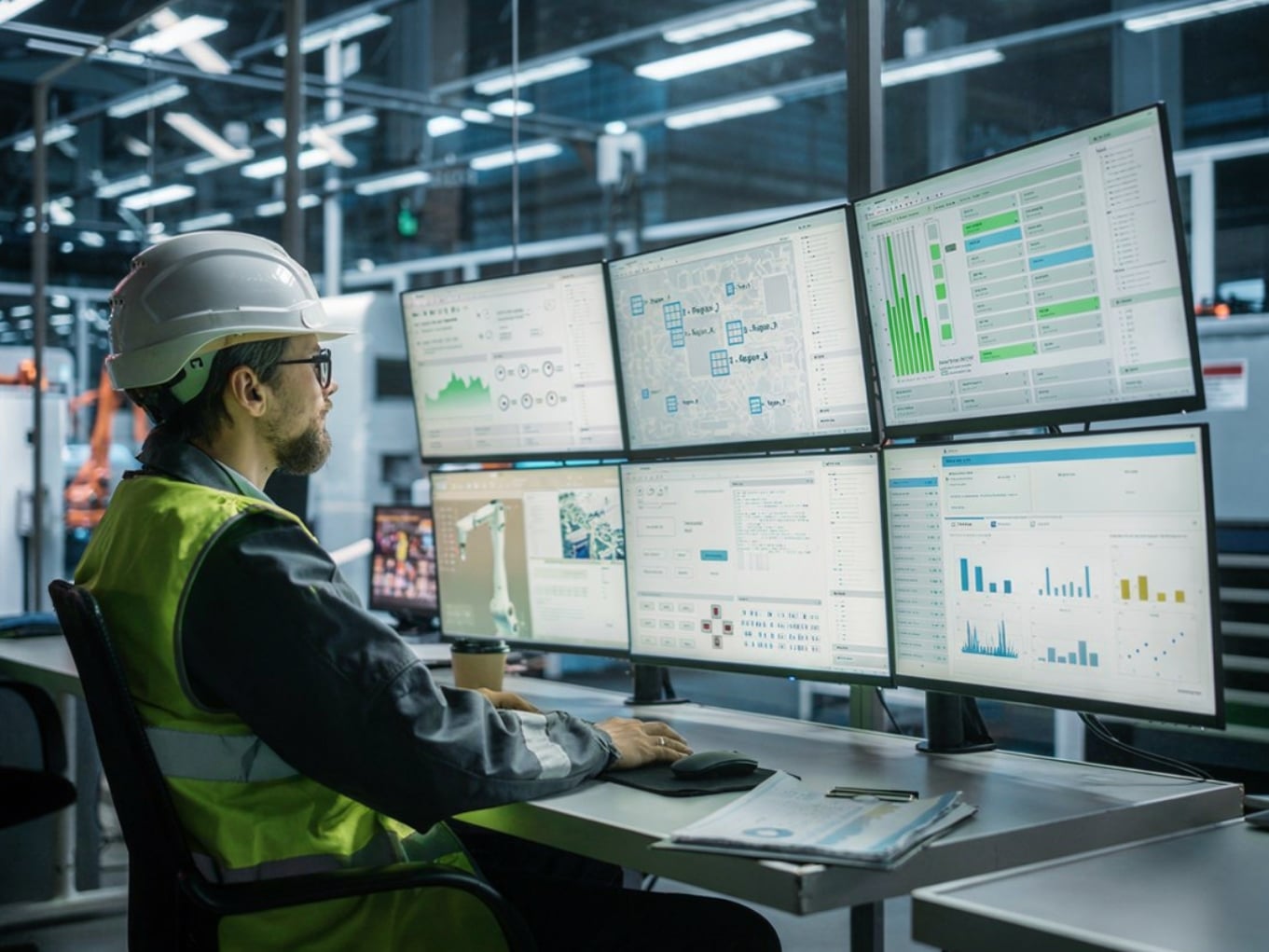 stock-photo-caucasian-male-process-engineer-using-multi-monitor-workstation-to-control-production-of-modern-2665353275